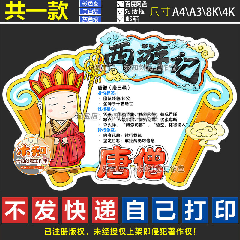 1332唐僧西游记人物卡手抄报模版小学中国四大名著读书卡阅读线稿