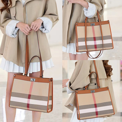 时尚格纹托特包真皮包