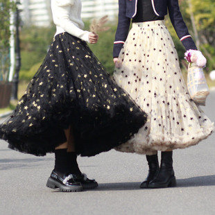 秋冬新款 植绒星星遮胯显瘦大摆蓬蓬裙跳舞重工纱裙蛋糕裙长裙