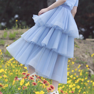 星辉闪粉梦幻纱裙长裙3段蛋糕裙鱼骨定型高腰半身裙高级感显瘦夏