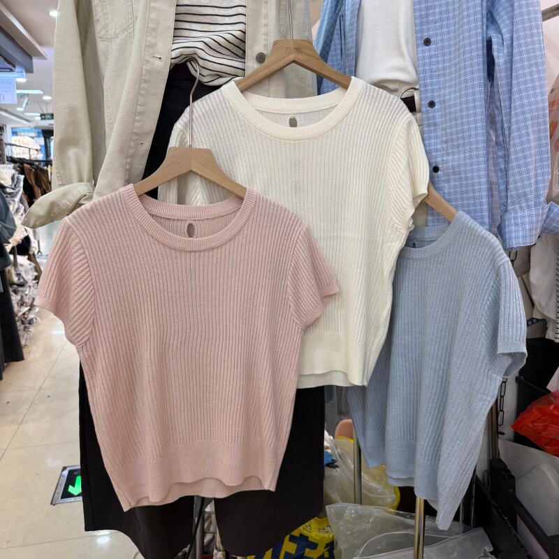 纯色简约圆领坑条正肩短袖针织衫女小个子宽松百搭打底衫上衣9016