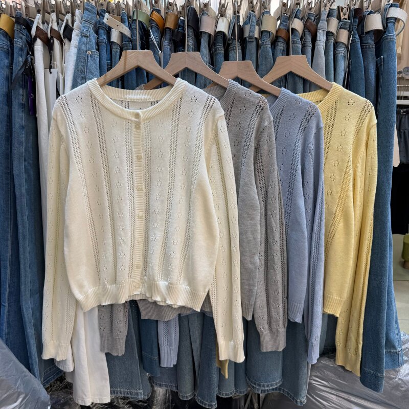 春款清新简约提花镂空圆领针织开衫女韩系宽松百搭外披上衣66622