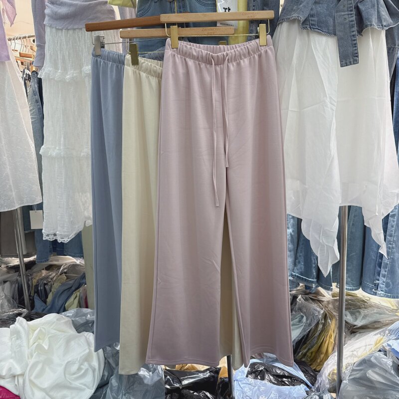 26春款百搭垂感窄版阔腿休闲裤女抽绳松紧腰宽松直筒拖地长裤9999
