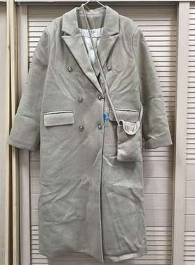 极简风灰色羊毛呢大衣女长款双排扣西装领外套气质百搭带包包8300