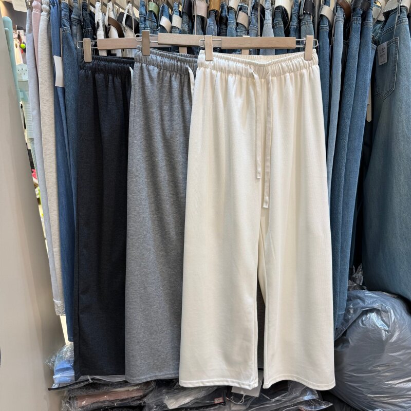 韩版垂感窄版阔腿休闲裤女小个子抽绳松紧腰宽松春秋直筒裤26060