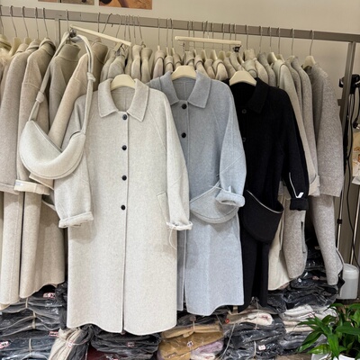 100%羊毛宽松加厚翻领双面羊绒外套配包简约中长款呢子大衣女8168