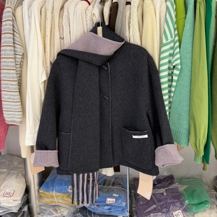 2025秋冬氛围感高级洋气短款双面羊绒大衣配流苏围巾宽松外套9295