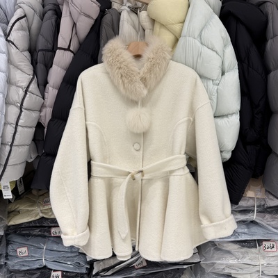 法式轻奢小香风气质真毛领双面呢外套配腰带时尚双面羊绒大衣2836