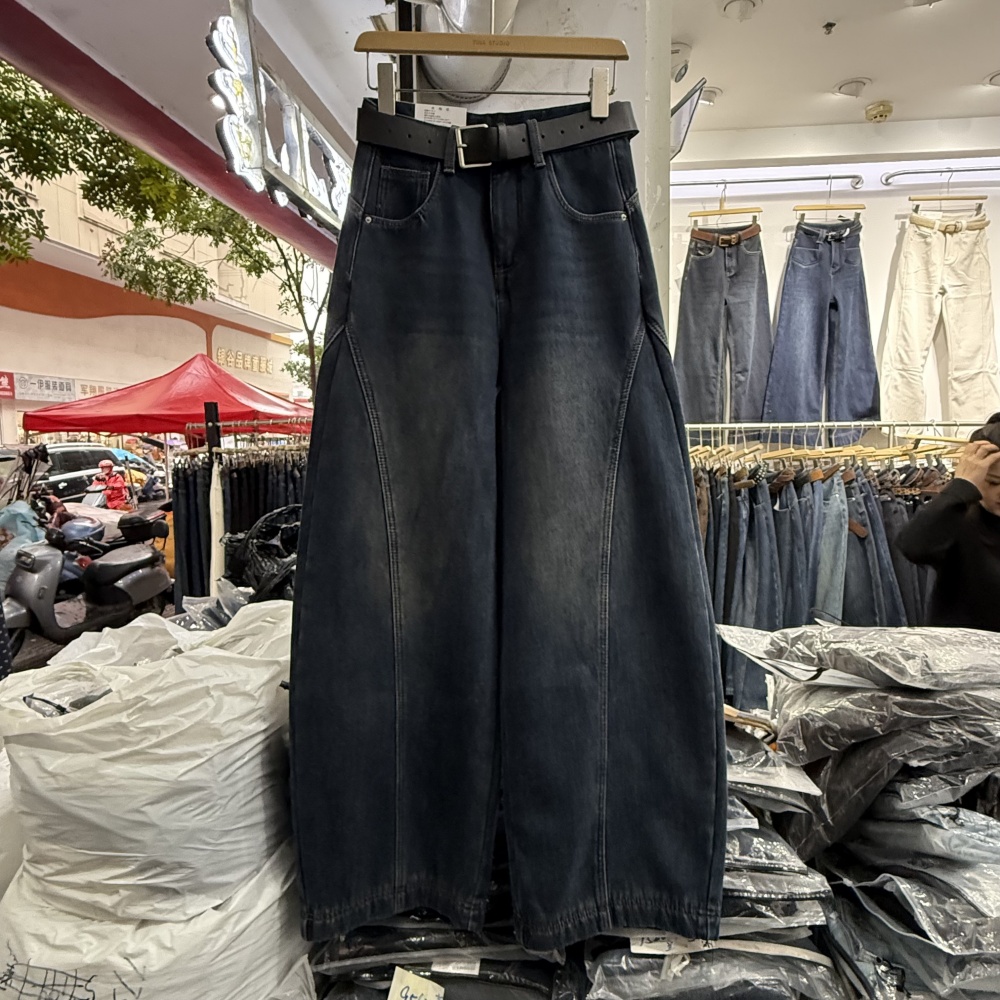 美式复古宽松百搭加绒加厚牛仔裤洋气小众高腰显瘦拖地弯刀裤9559