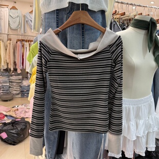 显瘦洋气打底上衣26801 T恤女修身 美式 撞色一字领露肩条纹拼接长袖