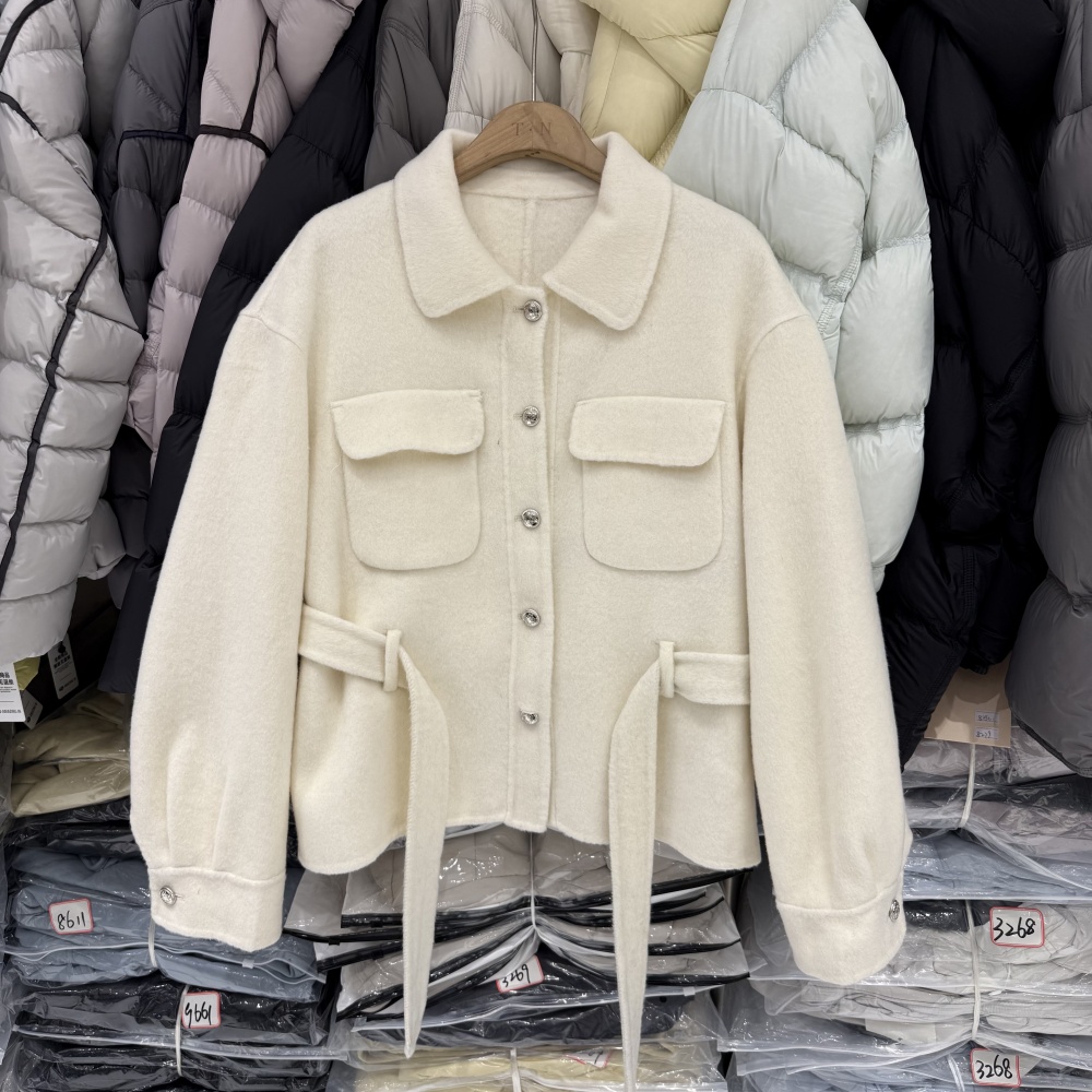 韩系高级感轻奢翻领毛呢外套女配腰带气质小个子短款羊绒大衣2551