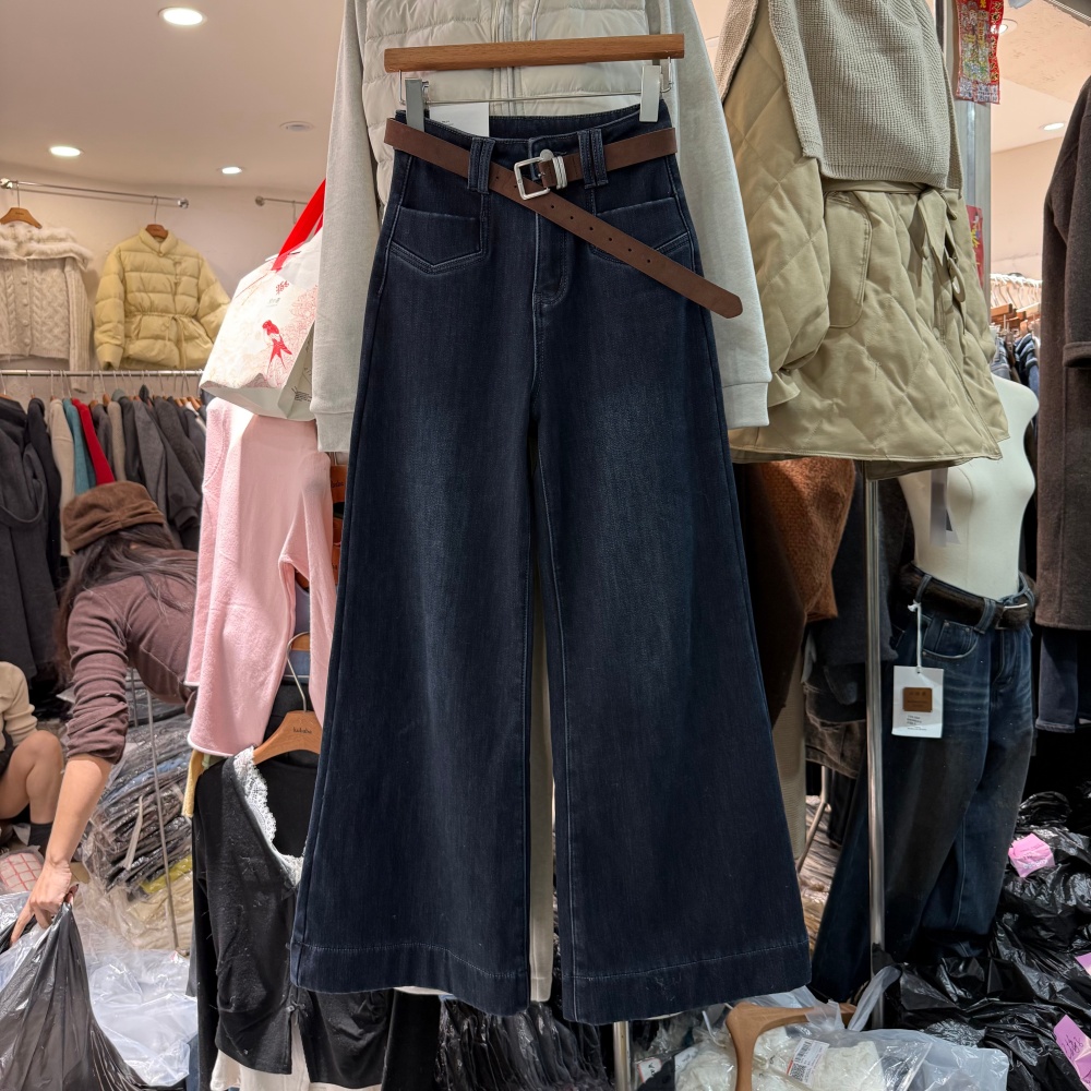 气质简约休闲风高腰显瘦阔腿裤加绒加厚宽松百搭拖地长牛仔裤5199