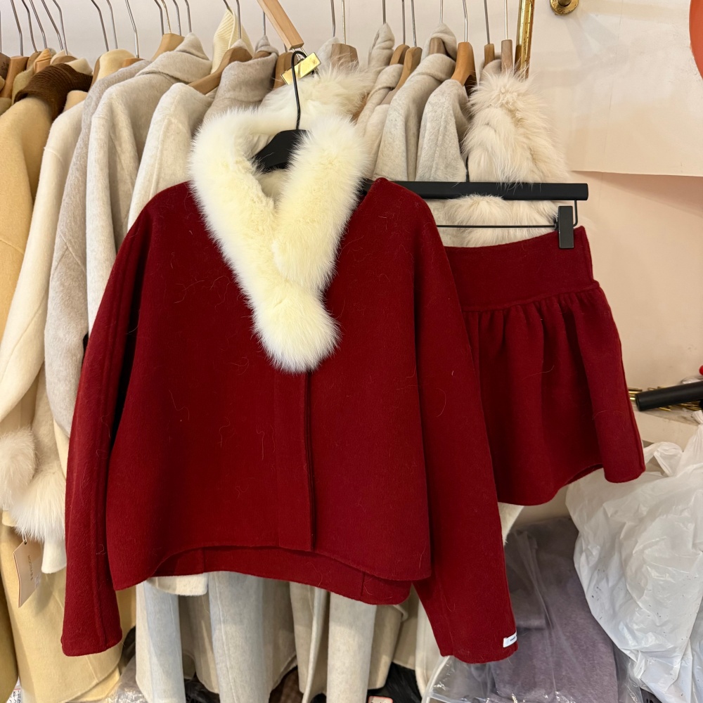 韩系温柔洋气狐狸毛浅紫圆领羊绒上衣+防走光花苞蓬蓬短裙女8113