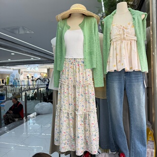 碎花半身裙三件套6616 纯白吊带背心 田园小清新绿色长袖 针织开衫
