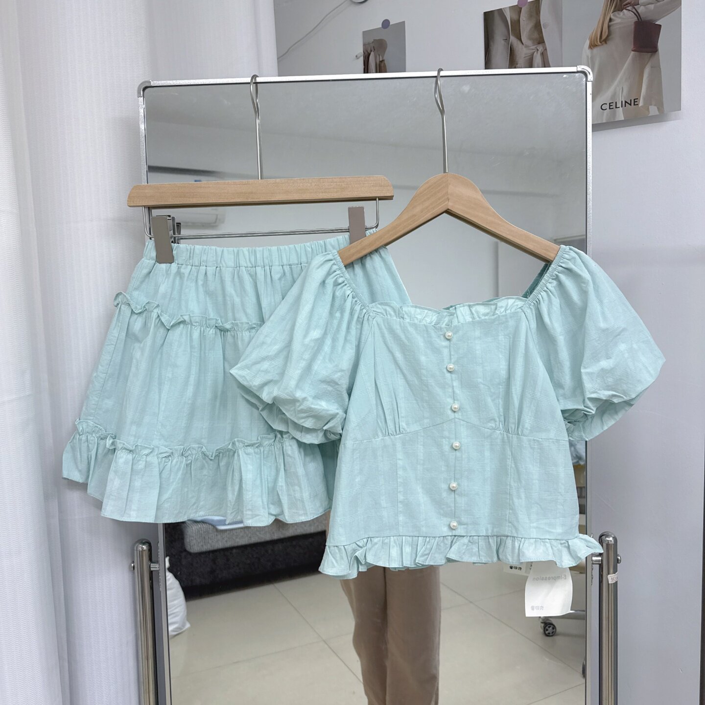 夏季小清新少女感小个子甜美泡泡袖上衣女+显瘦高腰短裙套装8217
