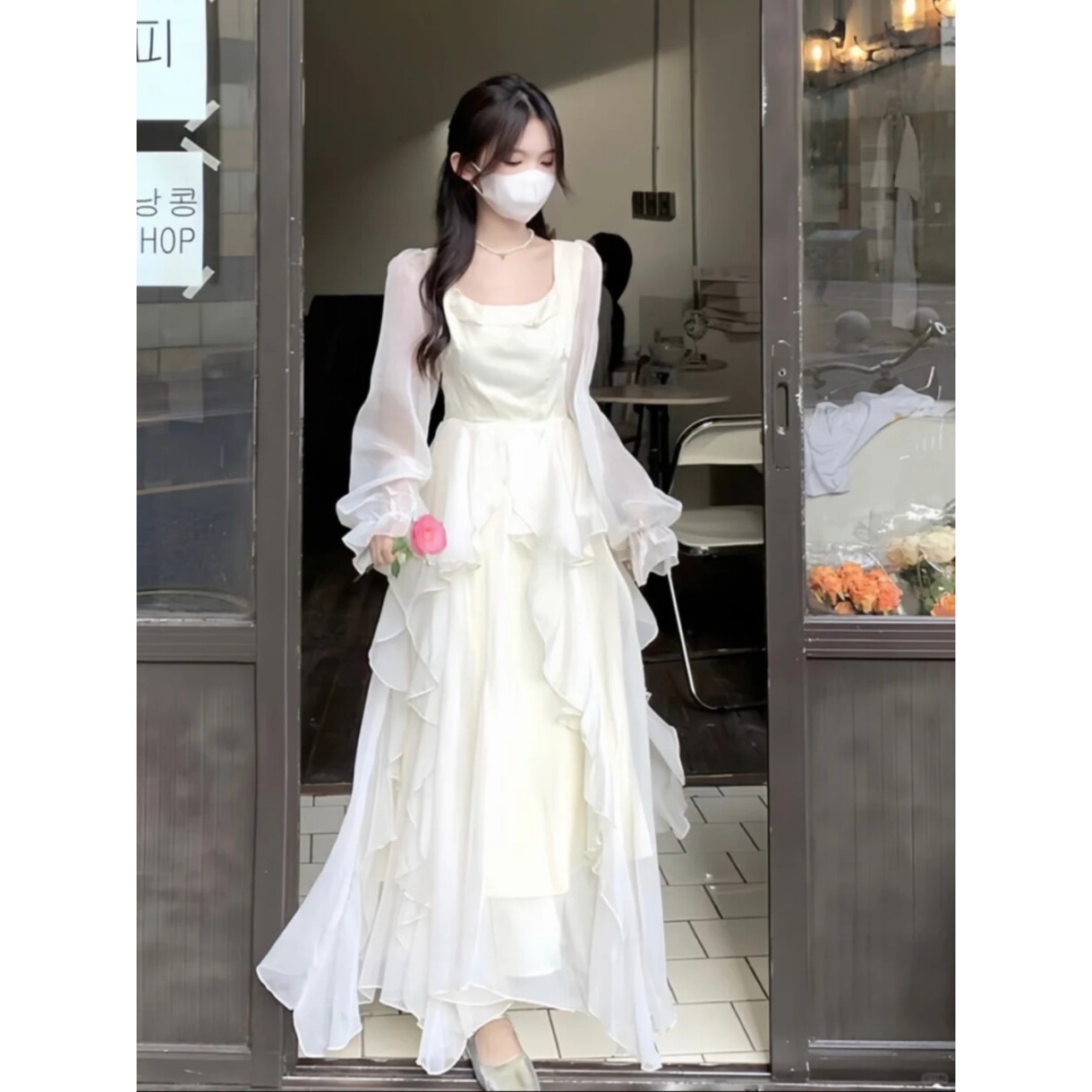 法式温柔白色荷叶边连衣裙仙女秋冬气质感生日在逃公主长裙子