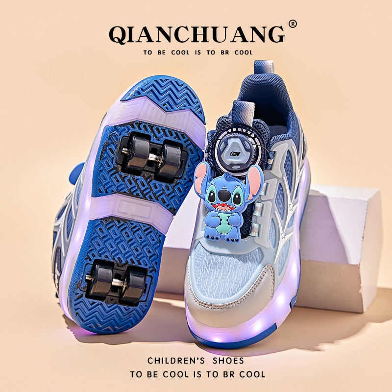 史迪仔男童四轮两穿暴走鞋网面透气运动鞋儿童溜冰鞋学生公主鞋子