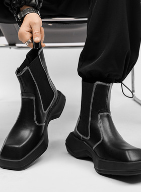 小众个性切尔西短靴男款黑色RO方头个性发型师烟筒马丁靴高帮皮鞋