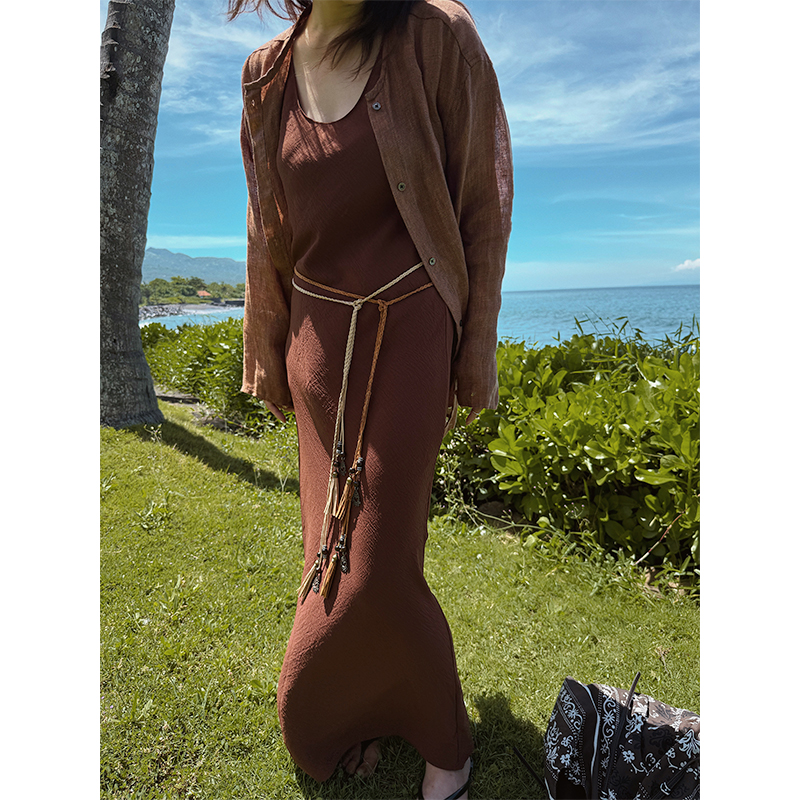 MOERSHOP 超超超遮肉 重磅斜裁抗皱连衣裙女u领背心无袖显瘦长裙