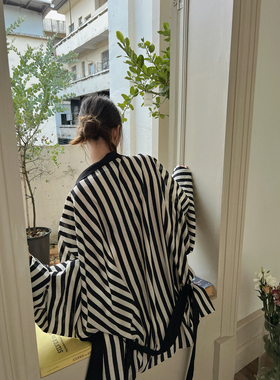 MOERSHOP 慵懒狂欢  汉袍式条纹宽松防晒罩衫女夏季飘带衬衫上衣