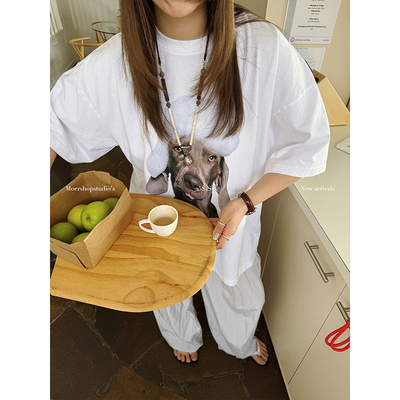 MOERSHOP我的咪发 重磅狗狗印花圆领T恤女春季纯棉小众设计感上衣