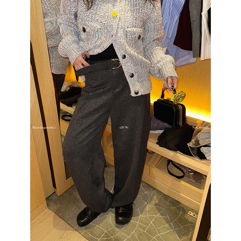 MOERSHOP 微显华丽 灰色闪片厚毛呢弯刀西裤女秋冬高腰阔腿休闲裤