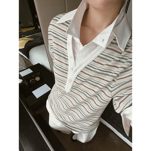 春款 V领缤纷条纹色长袖 休闲慵懒风T恤 会反复爱上 MOERSHOP