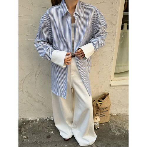 MOERSHOP“淇Girl模式”海魂蓝条纹拼袖春季设计感宽松撞色衬衫女