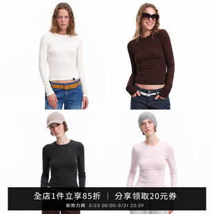 弹力内搭上衣气质 显瘦打底衫 SMIIILE纯色圆领正肩T恤女短款 春修身