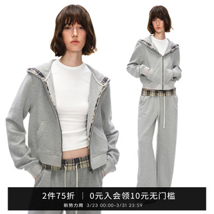 休闲外套显瘦 秋新款 SMIIILE肌理感灰色双拉链连帽开衫 卫衣女短款