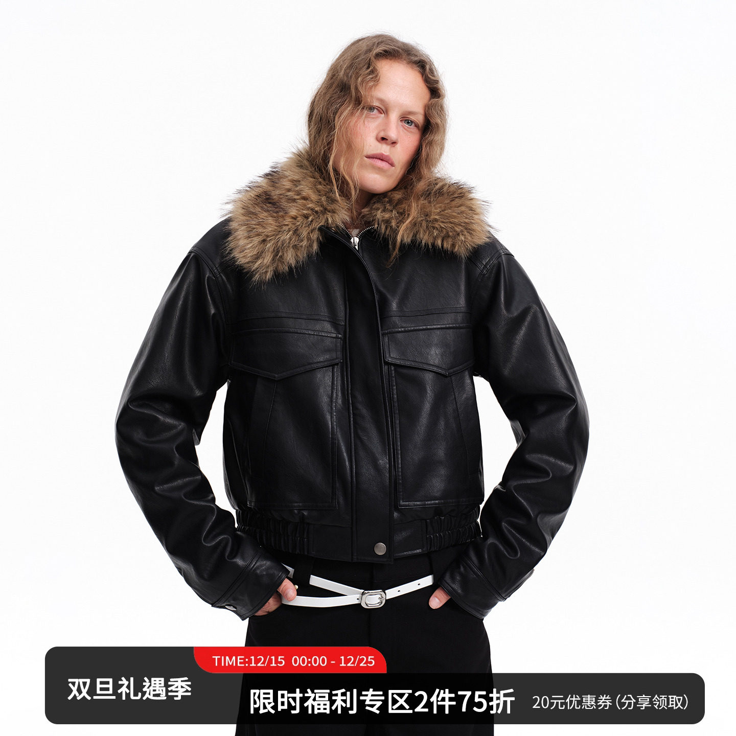 SMIIILE黑色PU皮衣短款夹克外套