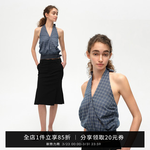 SMIIILE格子挂脖飘带露背上衣女夏季 吊带背心 外穿设计感绑带无袖