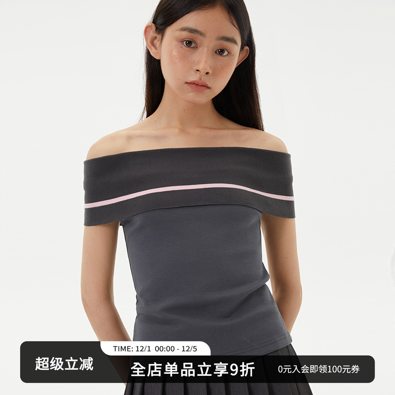 复古一字肩修身短袖女T恤