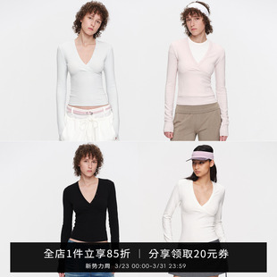 内搭上衣收腰气质打底衫 显瘦春季 修身 SMIIILE深V领交叉T恤女短款