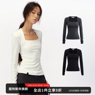 SMIIILE方领假两件正肩T恤女春设计感修身 显瘦内搭上衣气质打底衫