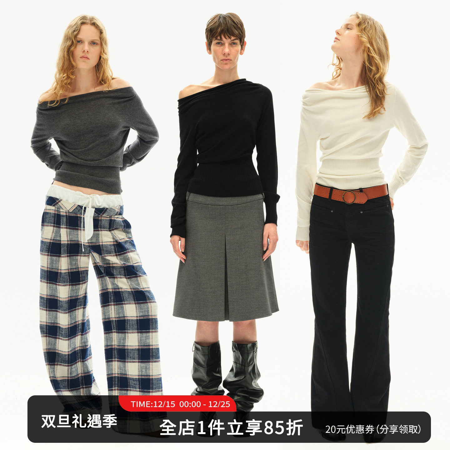 SMIIILE一字肩斜肩套头针织衫