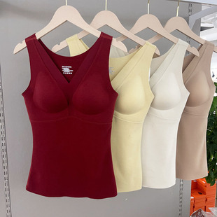 秋冬新品 羊毛桑蚕丝双面磨毛V领无痕自发热保暖背心女带胸垫内搭