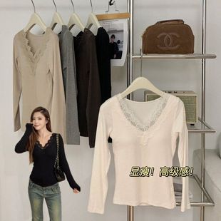 妃子纪6627一体式时尚蕾丝保暖上衣自带胸垫暖氧珍珠绒螺纹打底衫