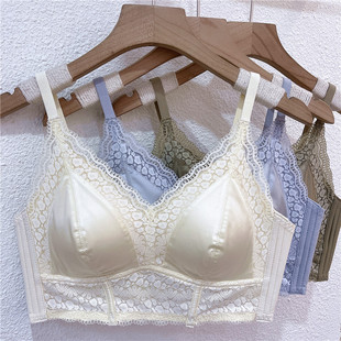 法式 浪漫蕾丝缎面美背文胸侧收副乳聚拢无钢圈内衣防下垂女士胸罩
