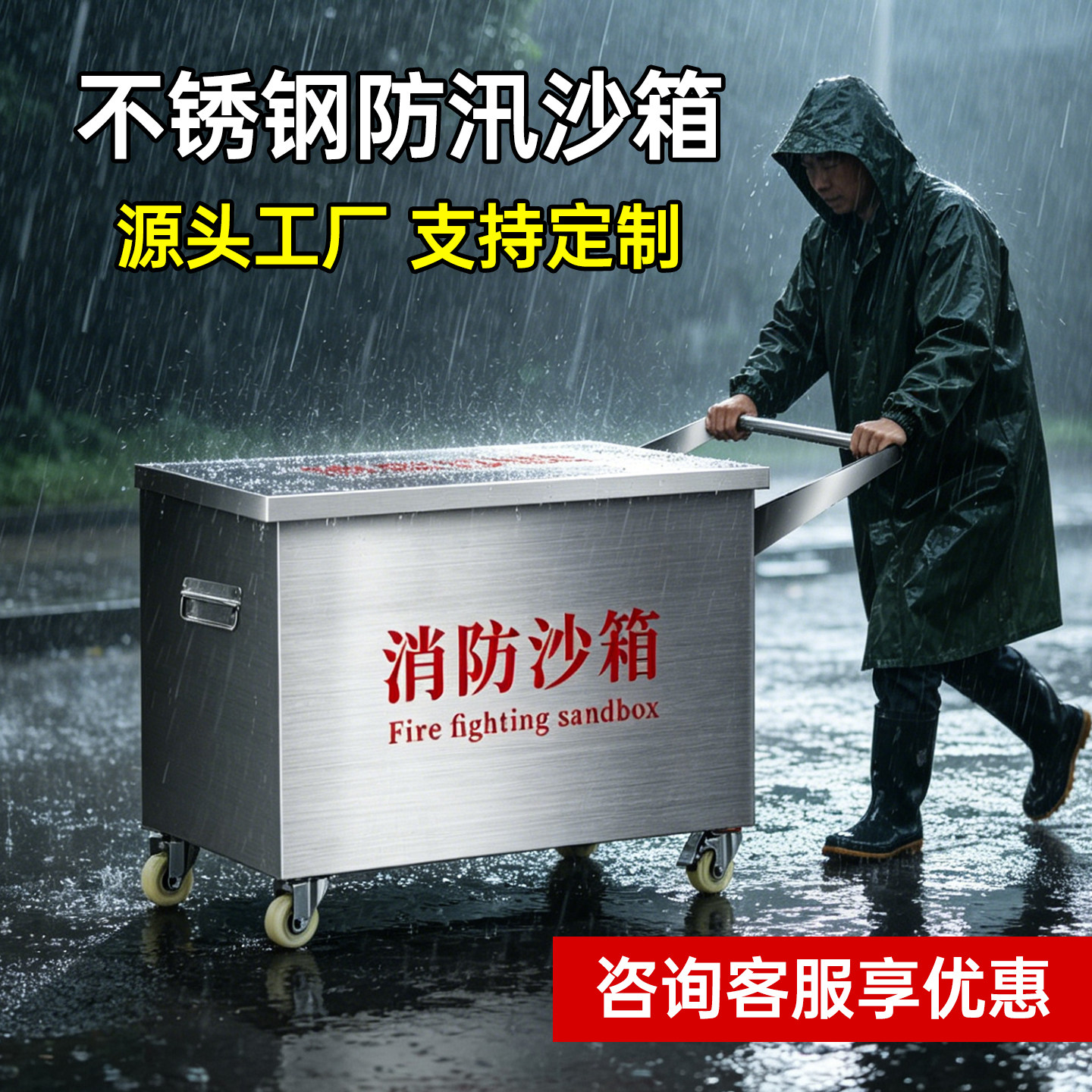 不锈钢防汛沙箱带轮子304可移动式消防沙箱防汛沙袋箱防汛黄沙箱