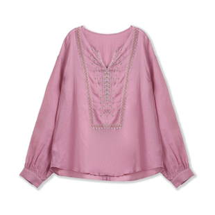 廓温柔风N492 V领灯笼袖 文艺风刺绣苎麻衬衫 26007 橙子miracle