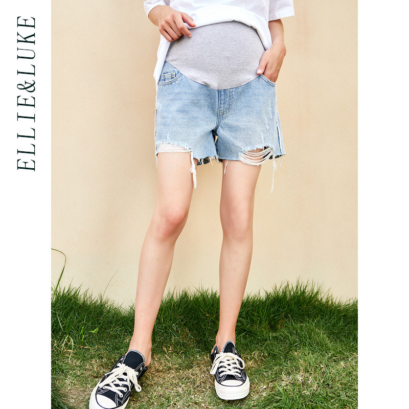 ellieluke孕妇牛仔短裤时尚外穿蓝色破洞流苏托腹可调节五分裤夏