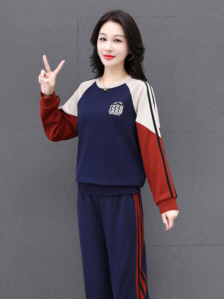 休闲运动套装女2025春秋新款撞色拼接卫衣洋气大码时尚跑步两件套