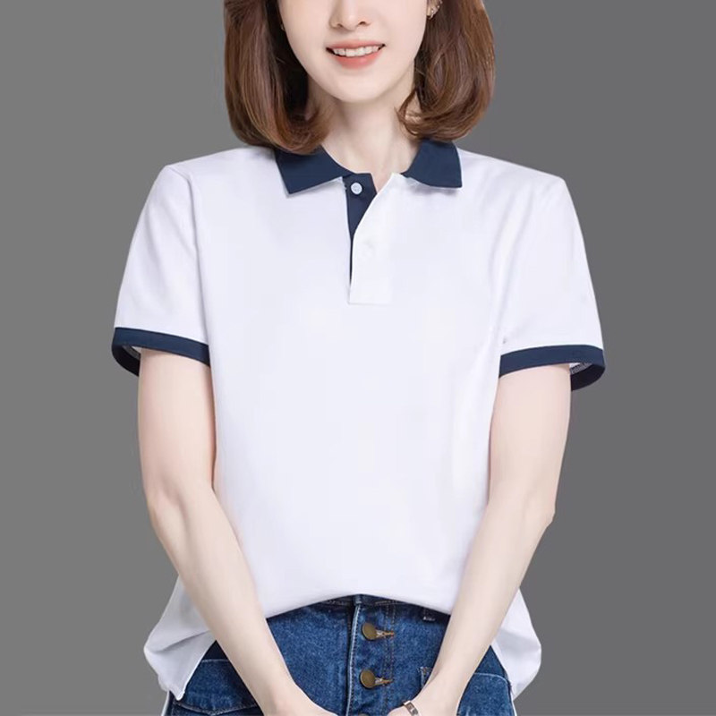 时尚拼色翻领纯棉短袖t恤女2026夏季新款商务休闲polo衫宽松上衣