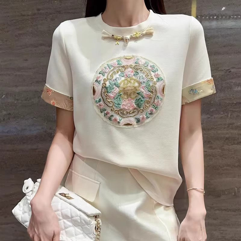 新中式国风盘扣短袖T恤女2025夏季新款欧货覆古重工刺绣纯棉上衣