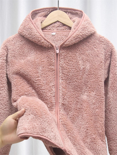粉色摇粒绒外套女秋冬季2025新款休闲连帽上衣珊瑚绒长袖开衫卫衣