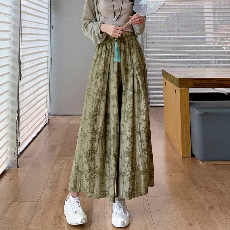 新中式轻国风提花棉麻宽裤女夏季薄款高腰垂感休闲 冰丝九分裤裙