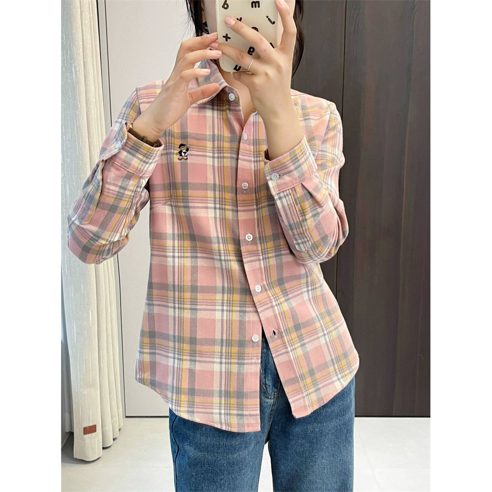 小熊刺绣磨毛格子衬衫女春秋季新款纯棉衬衣韩版百搭打底外搭上衣