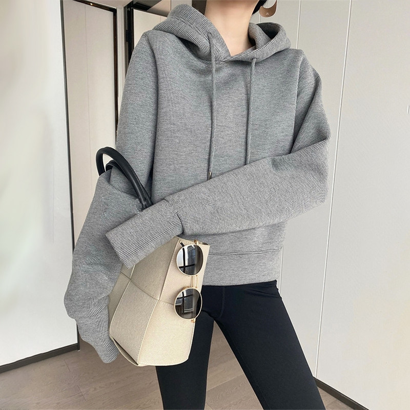 华夫格加绒连帽短款卫衣女秋冬季复古休闲宽松设计感小众长袖上衣