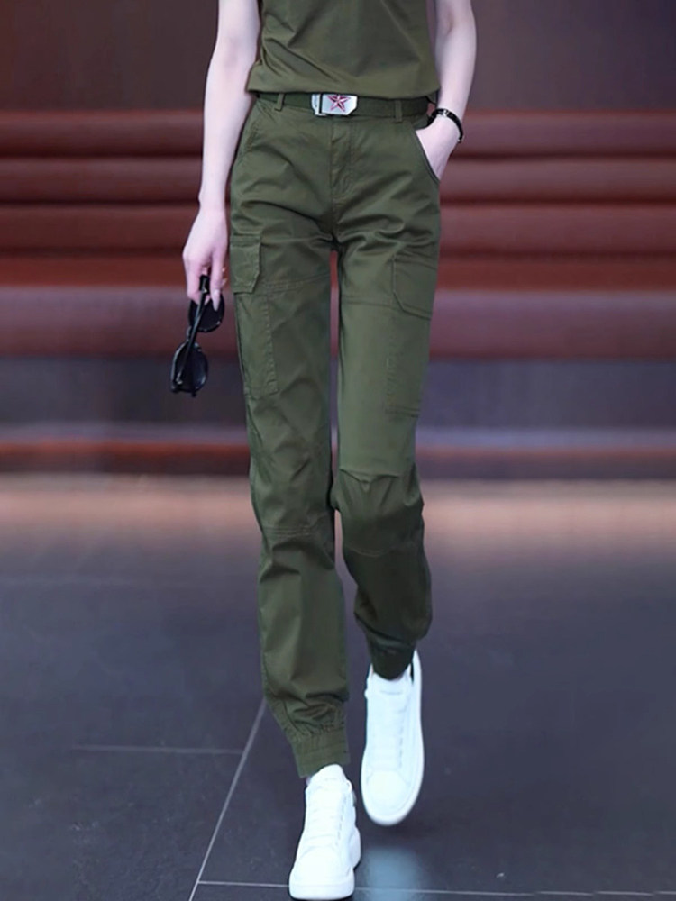 军绿色工装裤女式夏季薄2025新款小号大尺寸绑腿纯棉休闲直筒裤